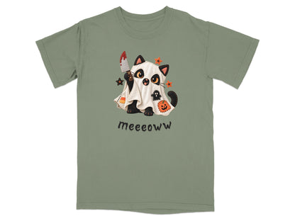 T-shirt with a black cat in a ghost costume holding a bloody knife.