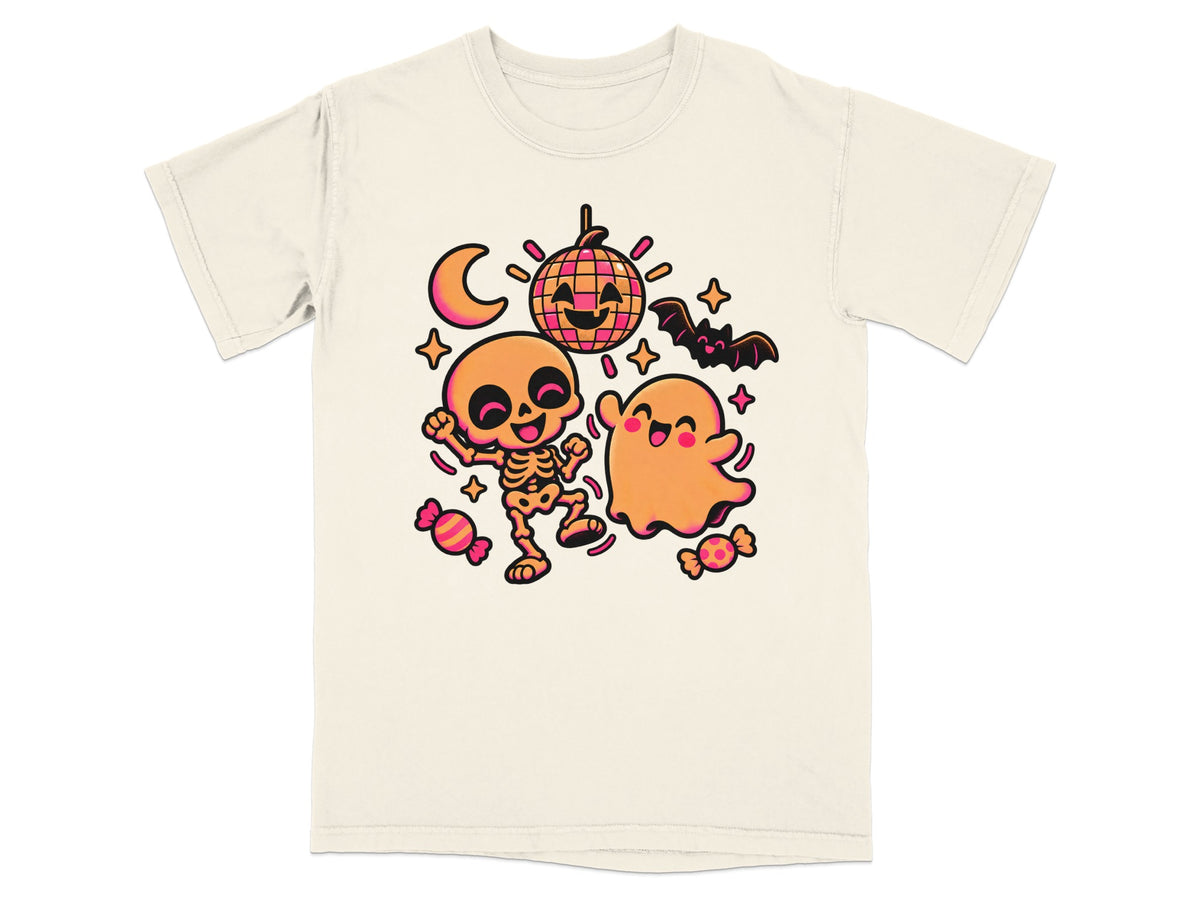Dancing skeleton and ghost with disco ball, moon, bat, and candy.