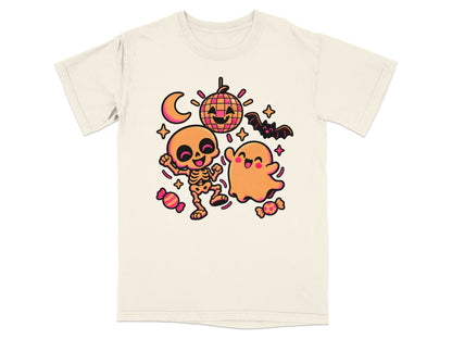 Dancing skeleton and ghost with disco ball, moon, bat, and candy.