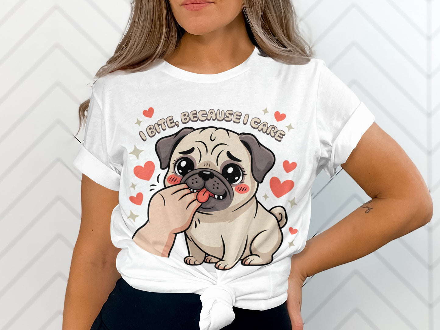 White t-shirt with cartoon pug graphic and text "I bite, because I care".