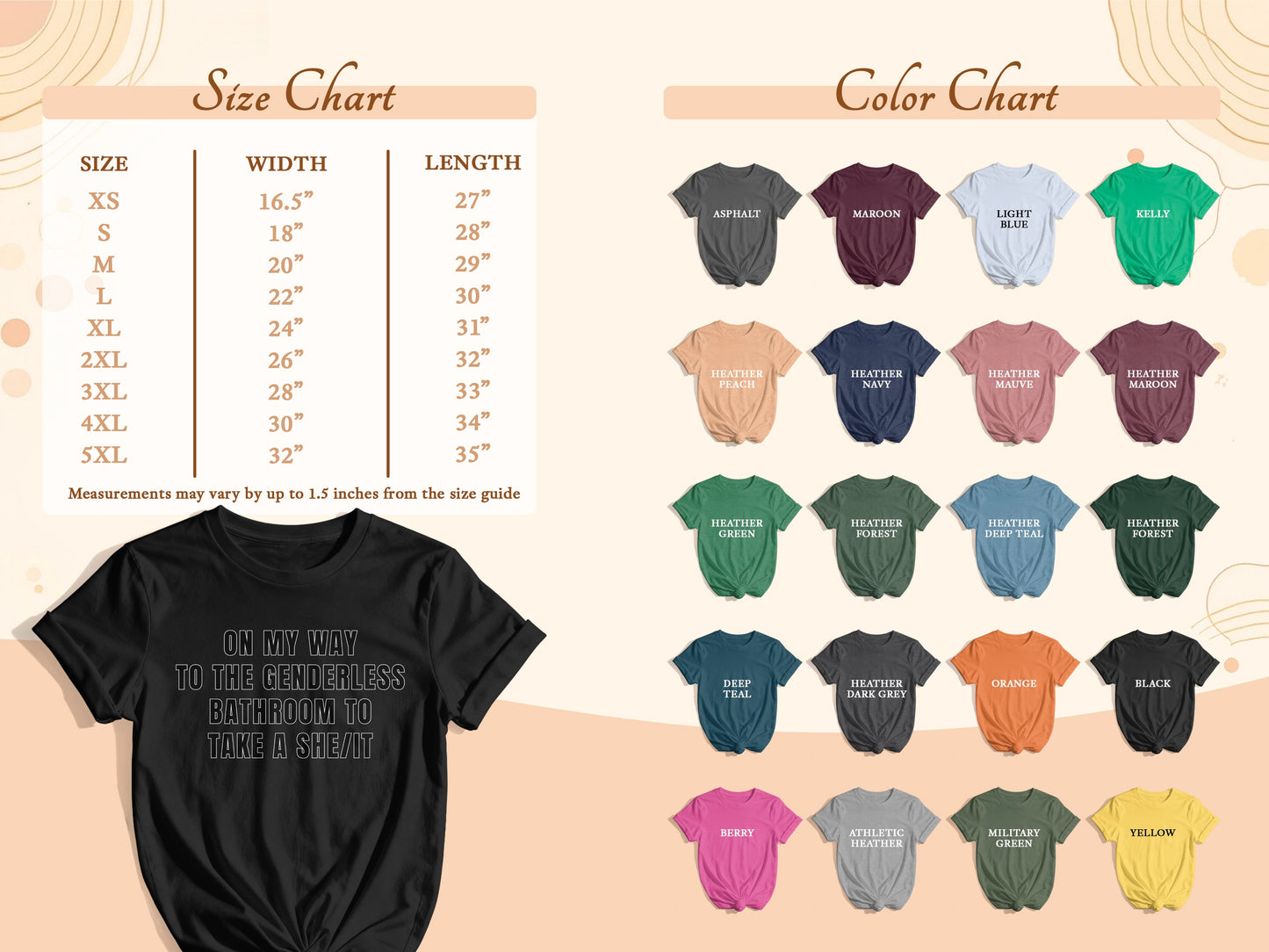 Black t-shirt with text, size chart, and color swatches of various t-shirts.