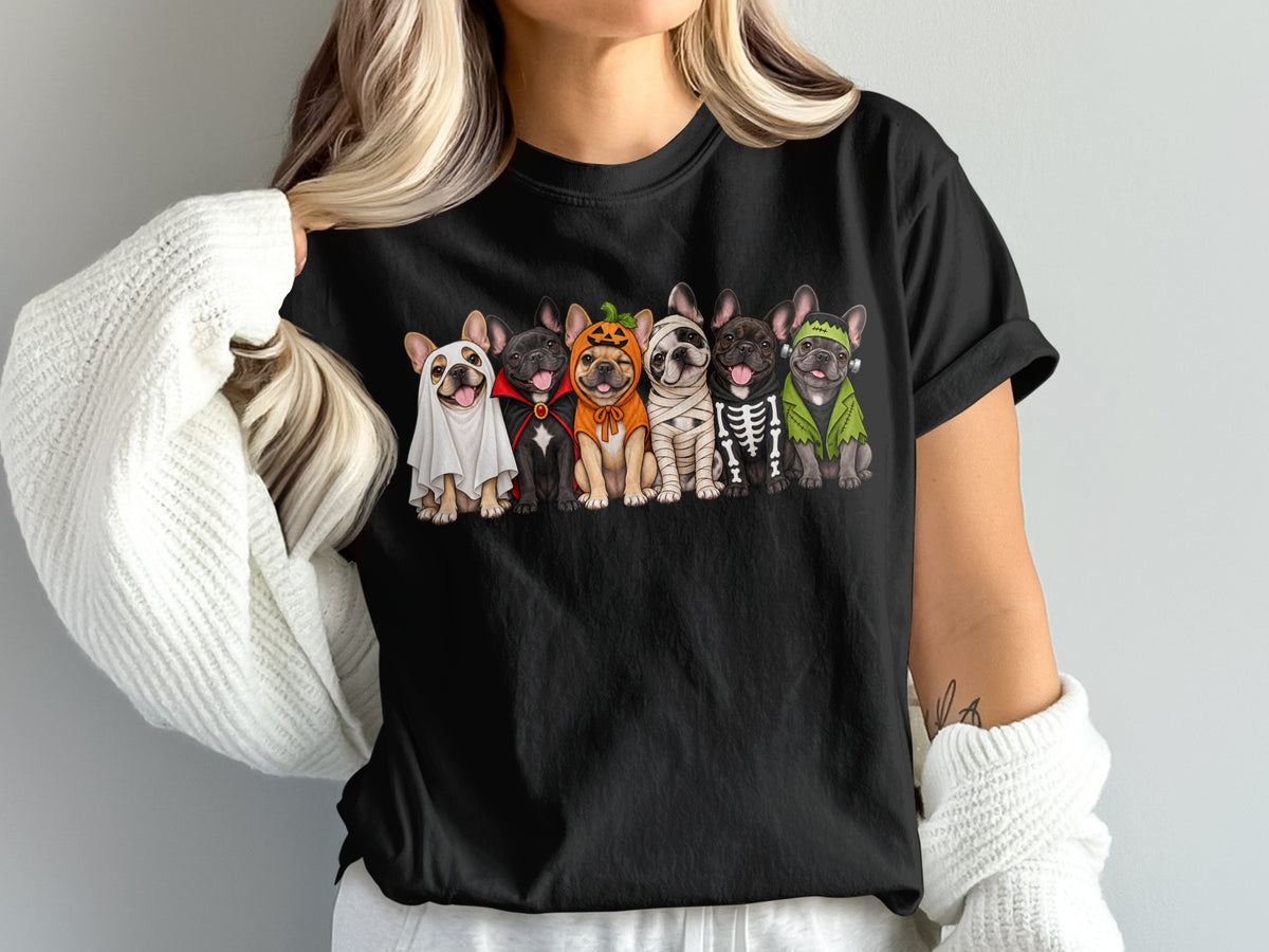 French Bulldogs in Halloween costumes: ghost, vampire, pumpkin, mummy, skeleton, and Frankenstein.