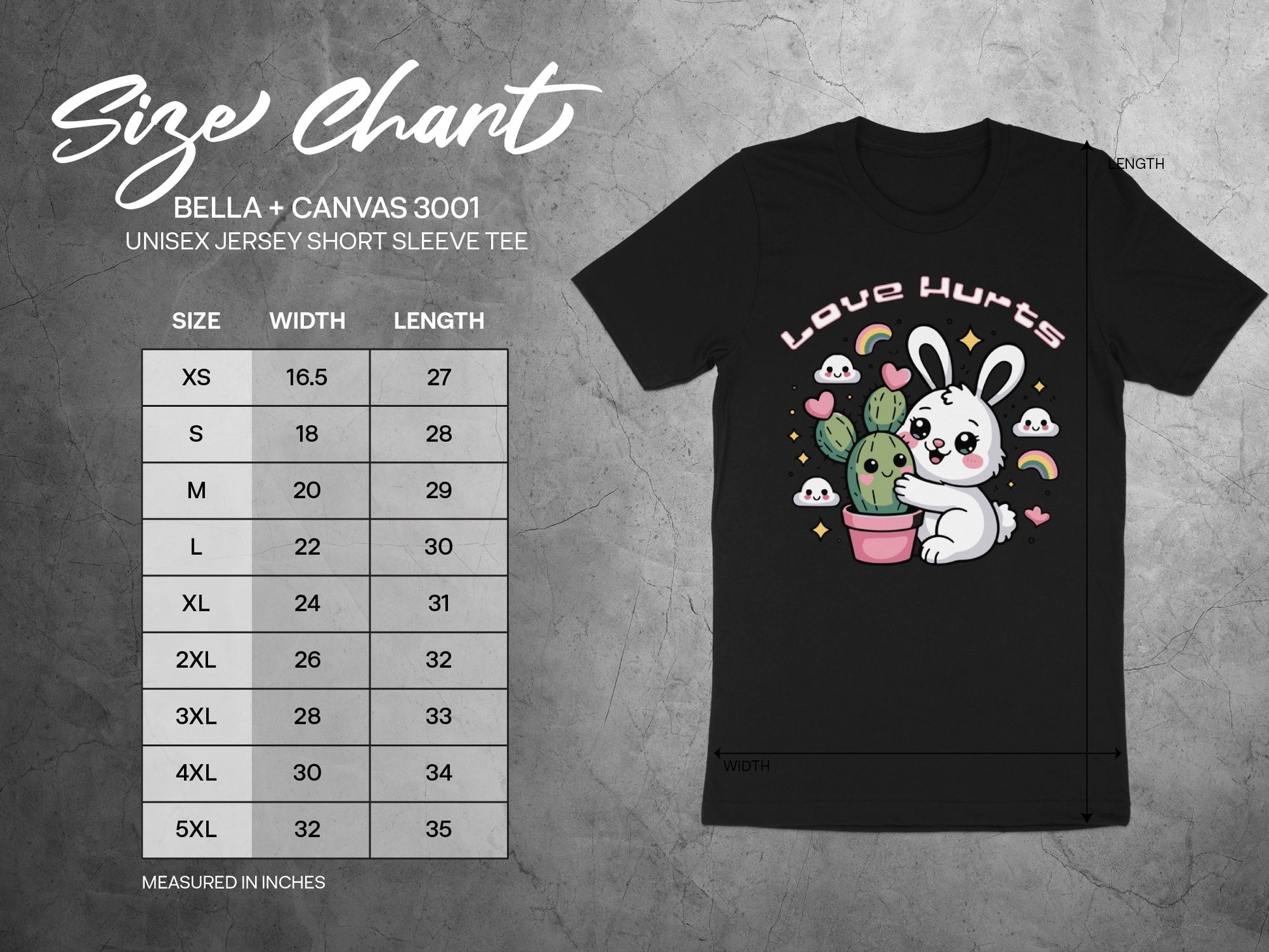 BELLA + CANVAS 3001 size chart with bunny and cactus graphic on black tee.