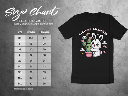 BELLA + CANVAS 3001 size chart with bunny and cactus graphic on black tee.