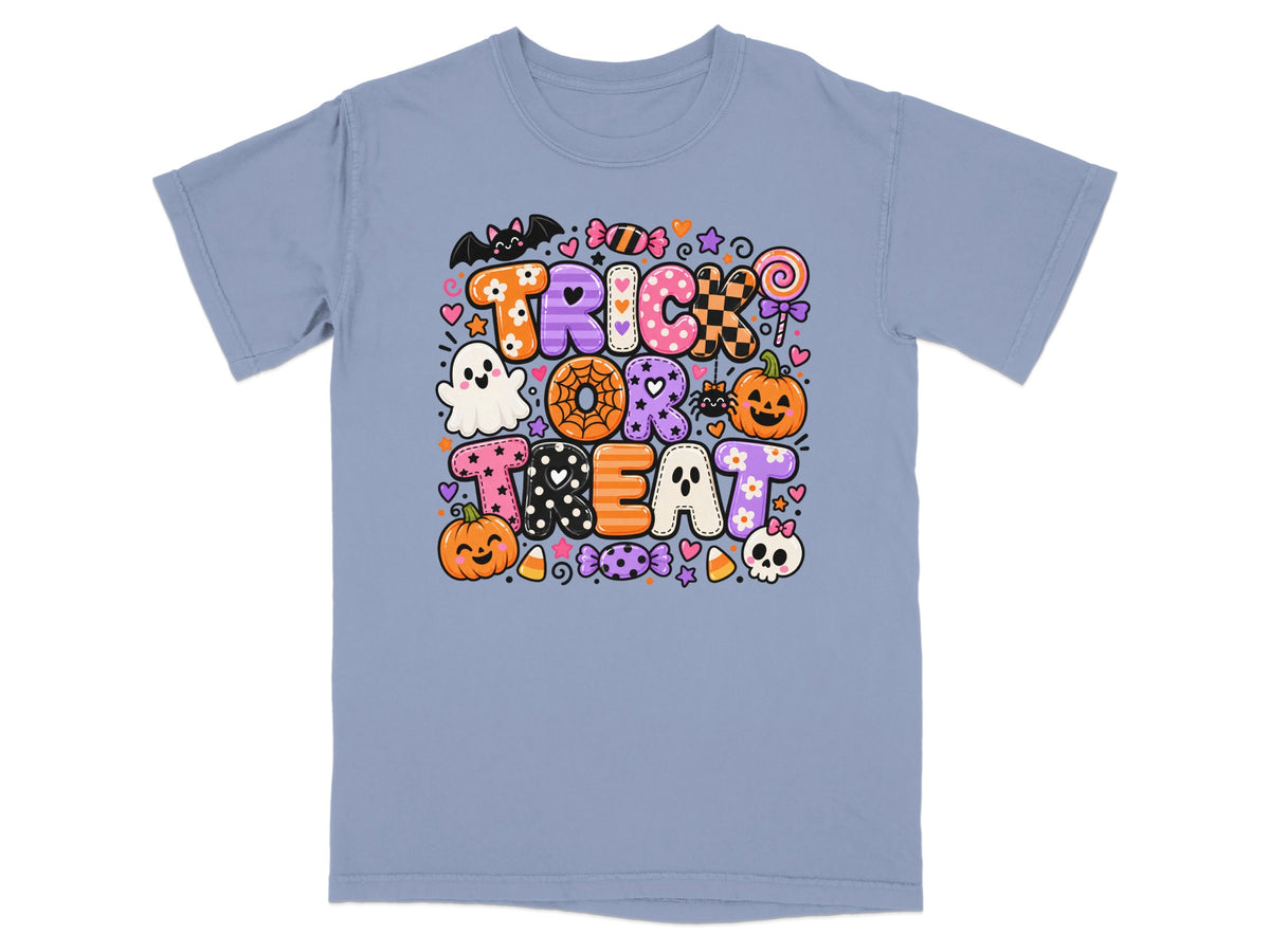 Halloween graphic tee with "Trick or Treat" text and cute spooky icons.