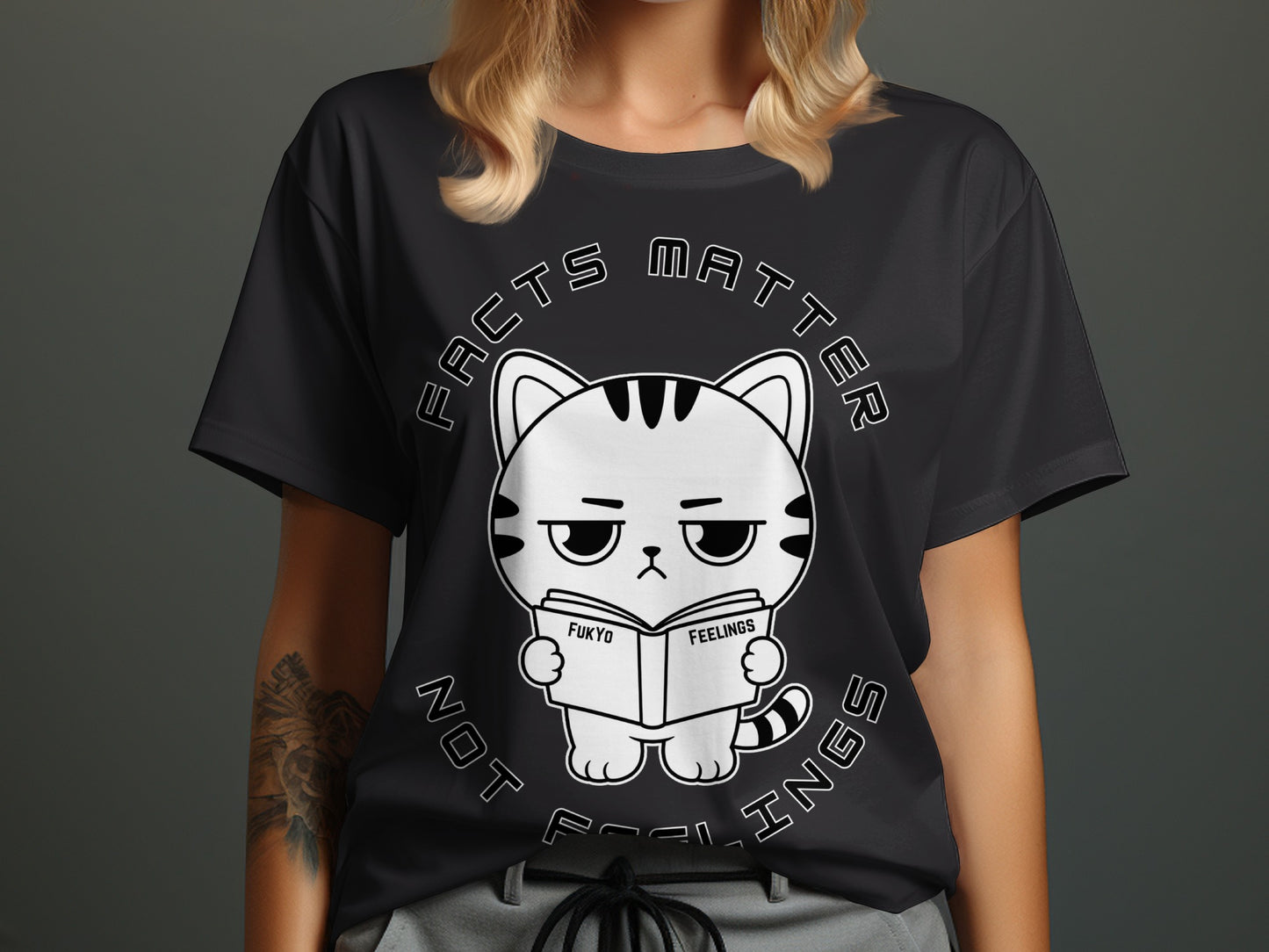 Black t-shirt with a cat reading a book titled "FUKYO FEELINGS" and text "FACTS MATTER NOT FEELINGS".