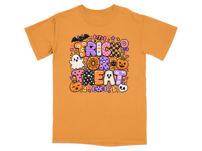 Orange t-shirt with "Trick or Treat" text in a cartoon style with Halloween elements.