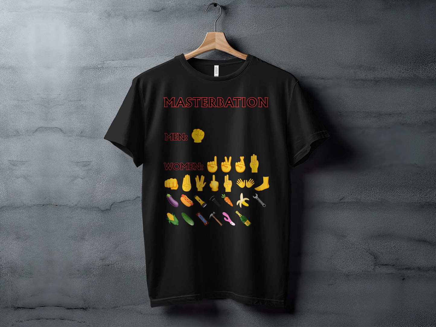 Black t-shirt with text "MASTERBATION" and emoji illustrations for men and women.