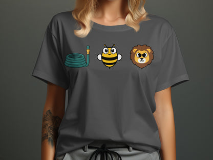 Grey t-shirt with cartoon images of a garden hose, a bee, and a lion's head.