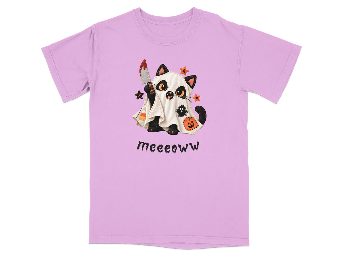 Cute black cat ghost holding bloody knife, with Halloween decorations and "meeeoww" text.
