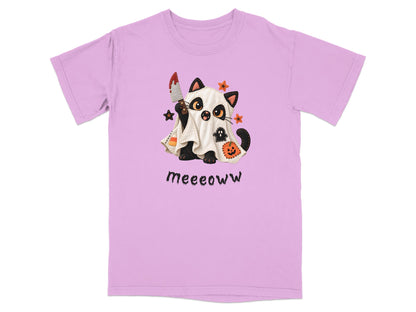 Cute black cat ghost holding bloody knife, with Halloween decorations and "meeeoww" text.