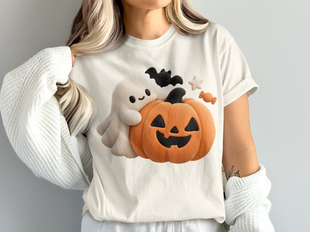 White t-shirt with a cute ghost, jack-o'-lantern, bat, stars, and candy graphic.