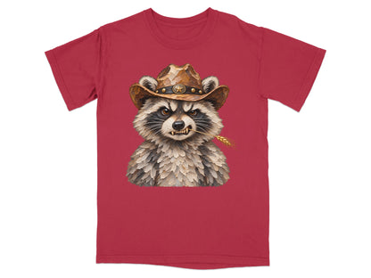 Raccoon wearing a cowboy hat with a wheat stalk in its mouth on a red t-shirt.
