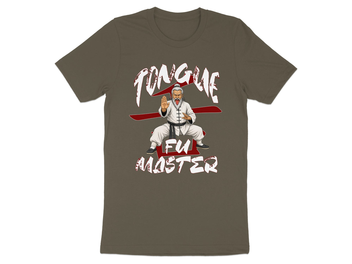 T-shirt with white graphic of martial artist sticking out tongue and text "Tongue Fu Master".