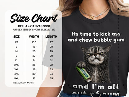 Bella + Canvas size chart for unisex jersey short sleeve tee.