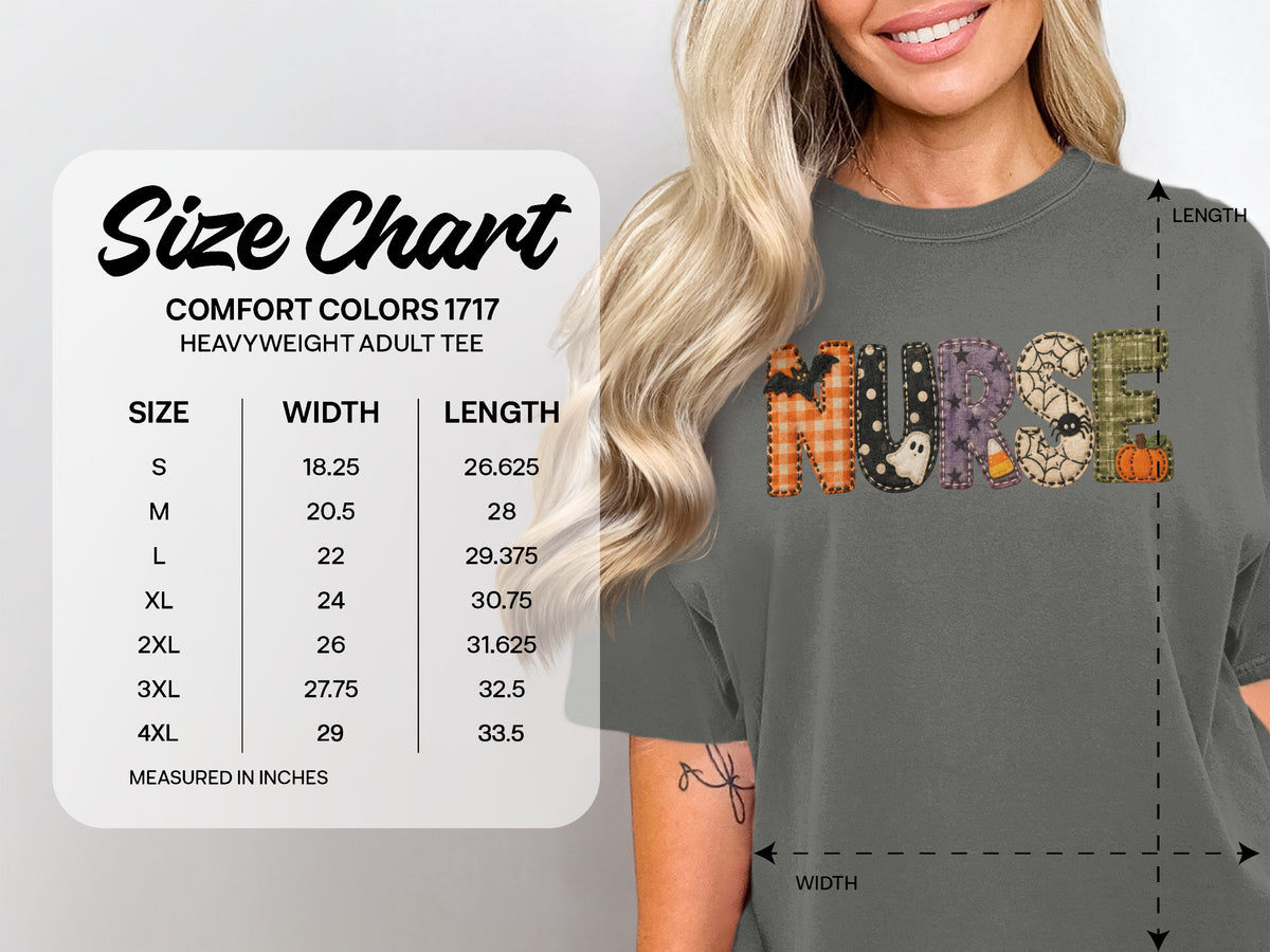 A Comfort Colors 1717 heavy weight adult tee size chart beside a woman wearing the dark gray shirt.