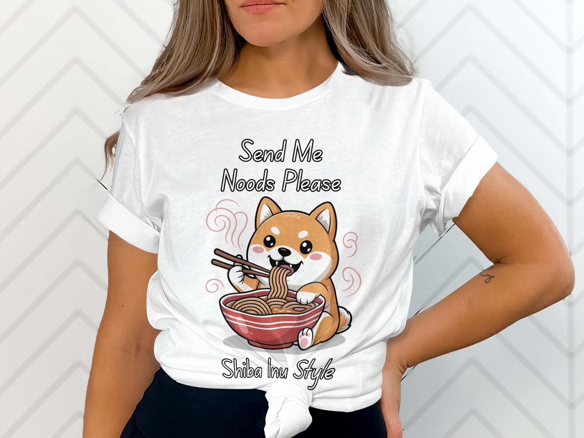 White t-shirt with Shiba Inu eating noodles, text: "Send Me Noods Please Shiba Inu Style"
