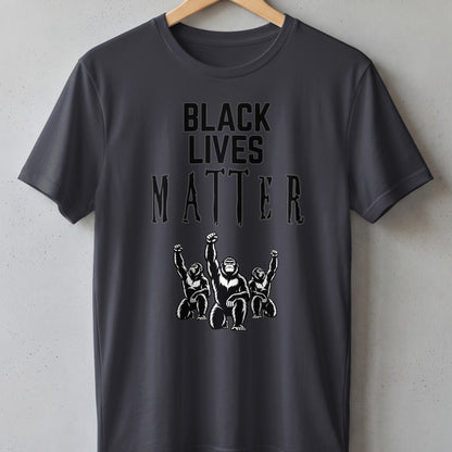 Gray t-shirt with "BLACK LIVES MATTER" text and three gorillas raising fists.