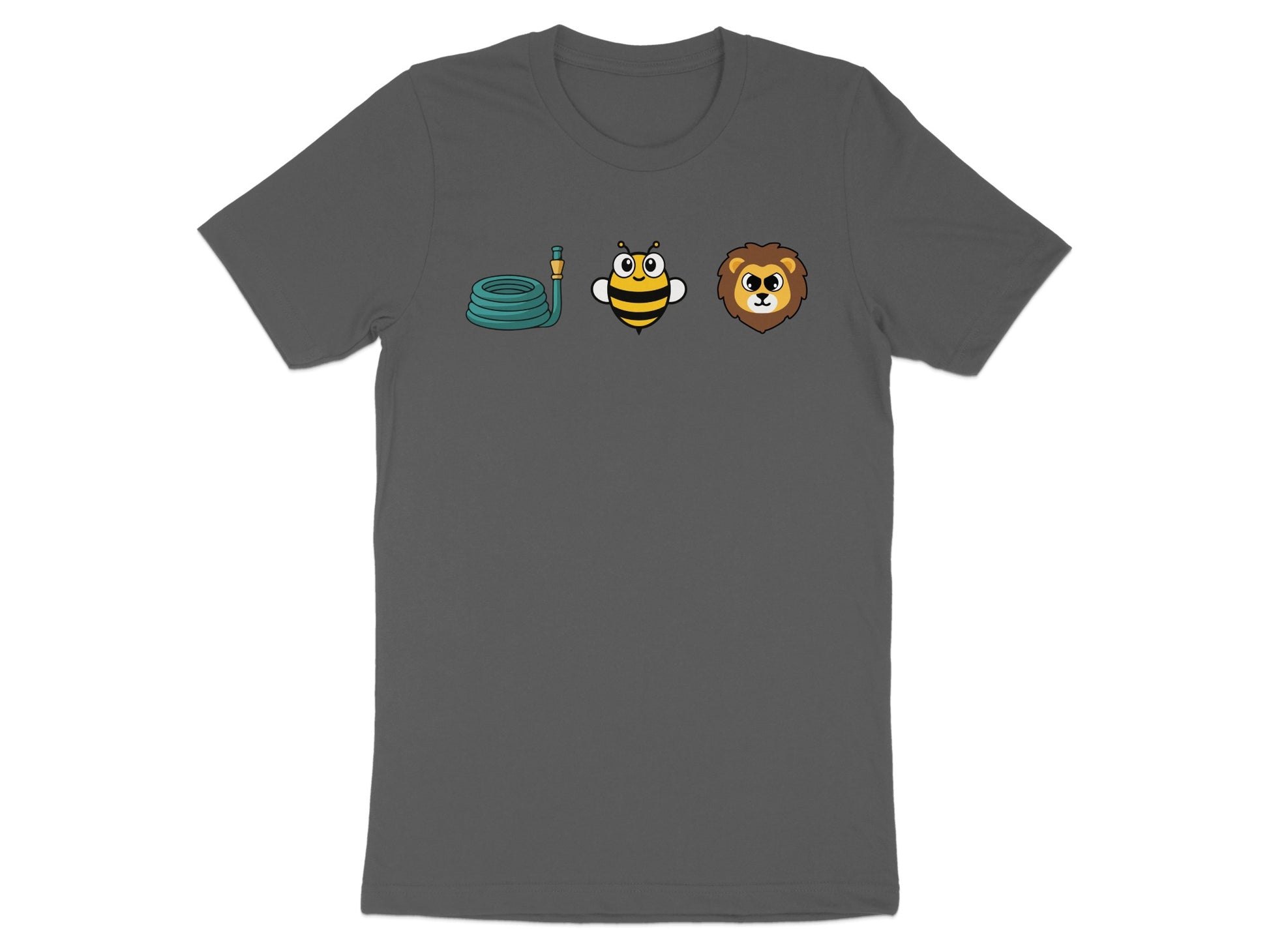 T-shirt with cartoon hose, bee, and lion graphic.