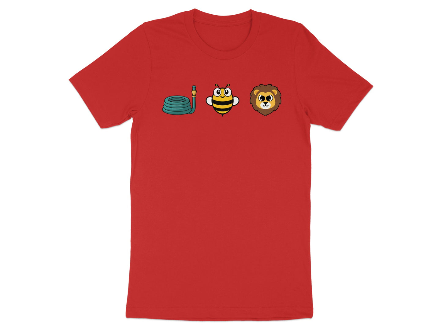 Red t-shirt with a green coiled hose, cartoon bee, and lion head graphic.