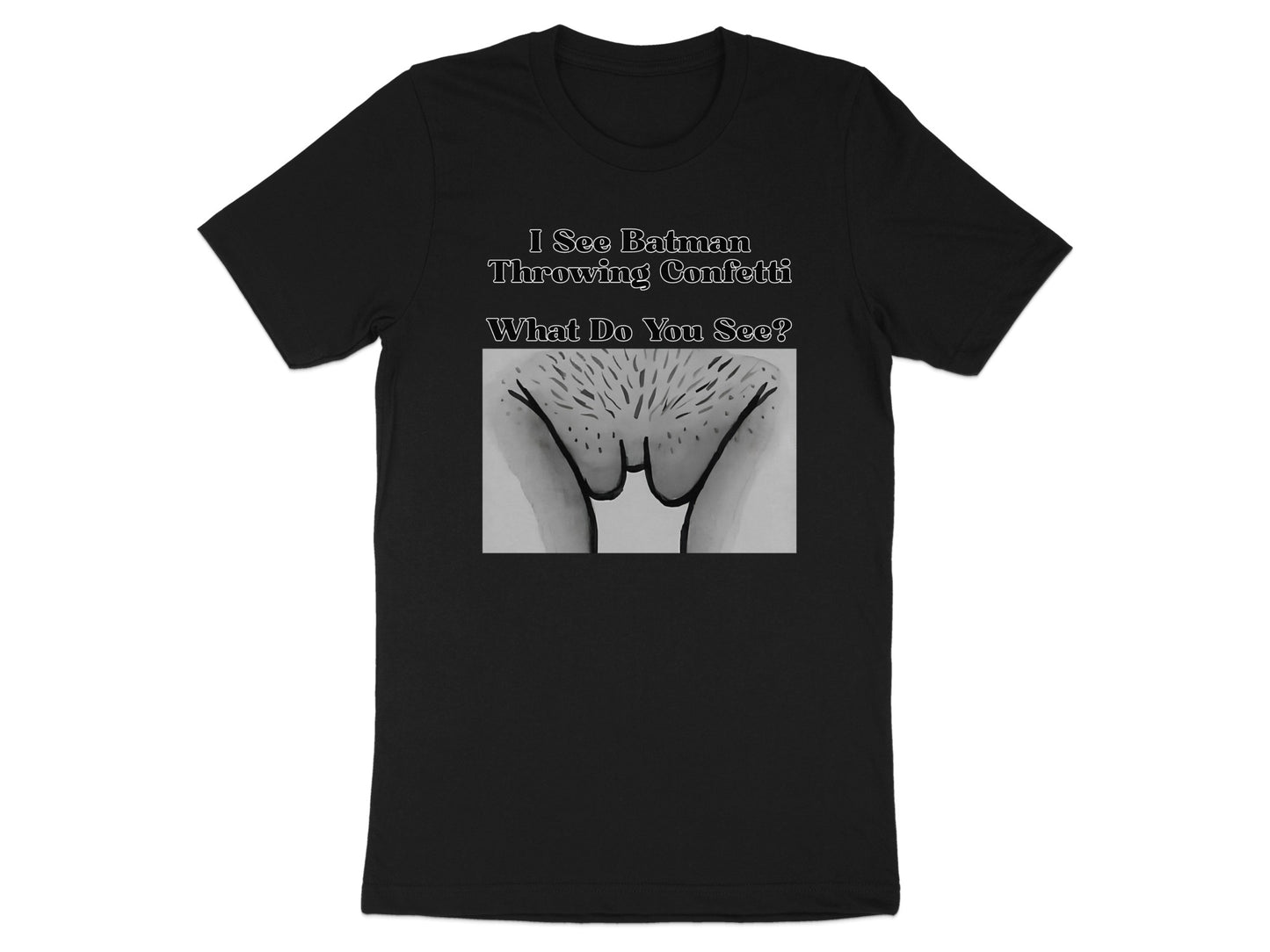 Black t-shirt with text and illustration of pubic hair.