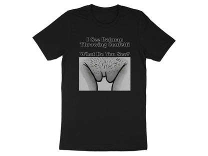 Black t-shirt with text and illustration of pubic hair.