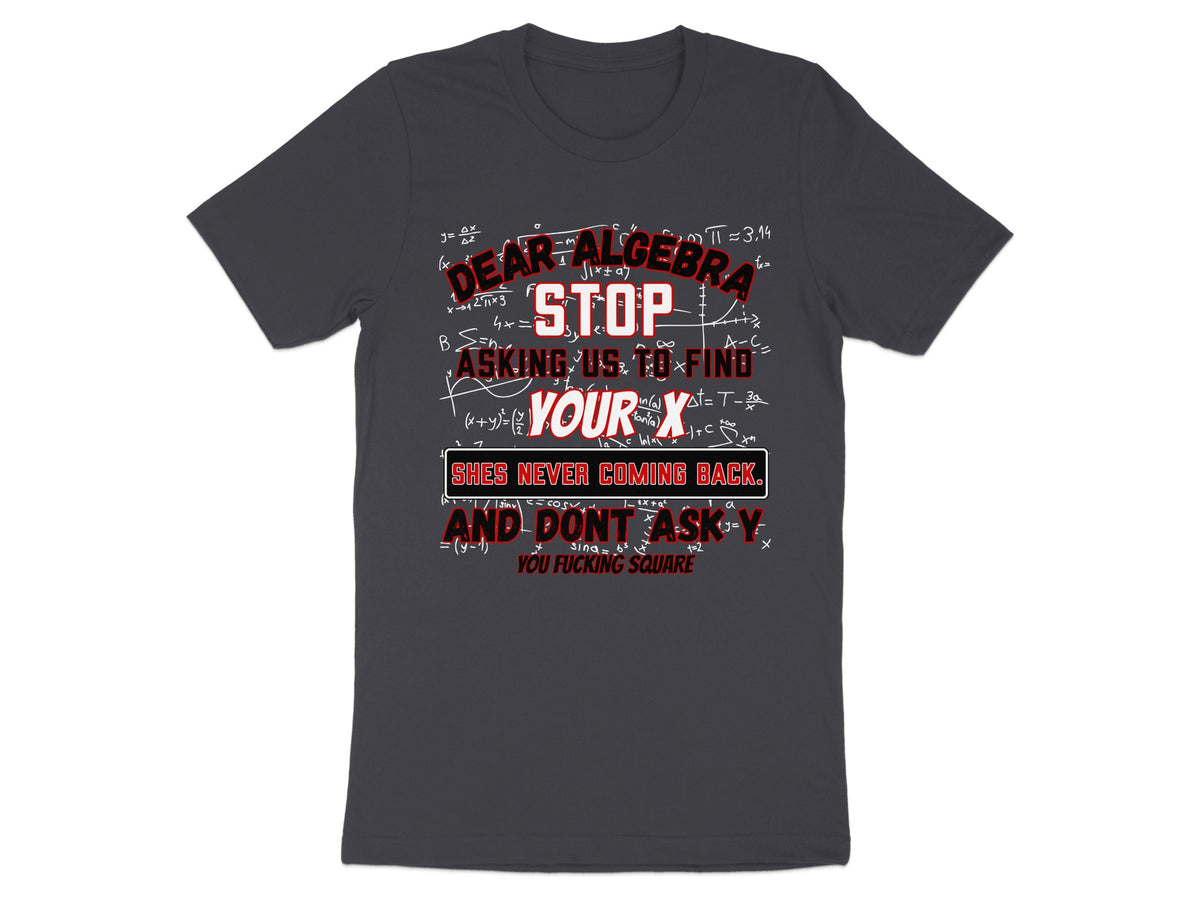 Dark gray t-shirt with text "Dear Algebra, Stop Asking Us To Find Your X. She's Never Coming Back. And Don't Ask Y. You Fucking Square."