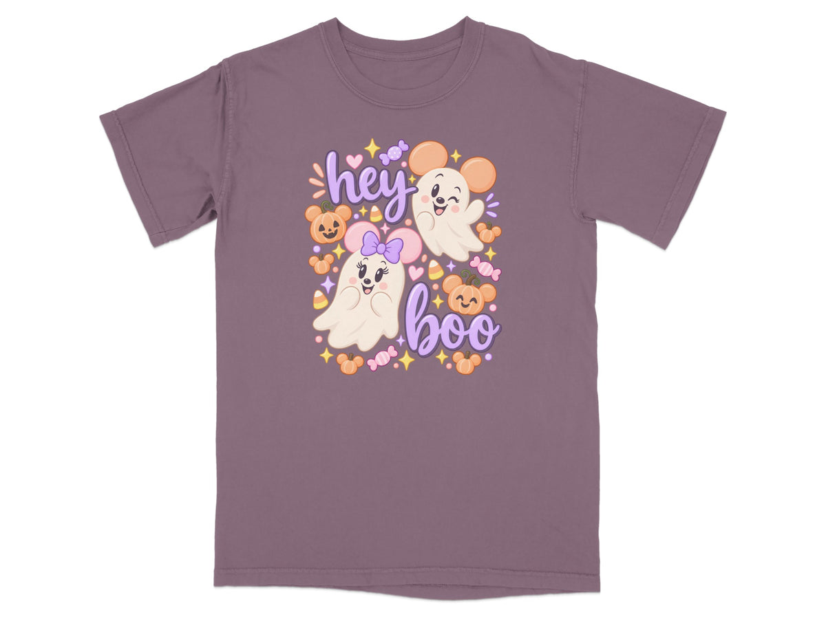 Purple t-shirt with ghosts, pumpkins, and text that says "hey boo".