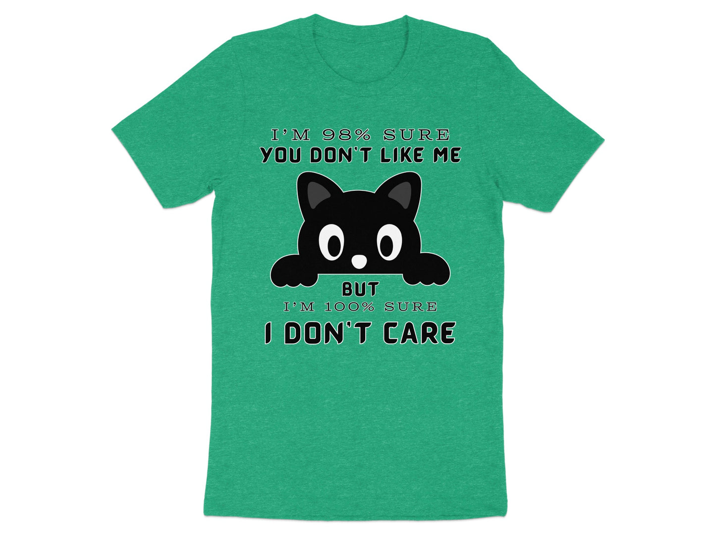 Green t-shirt with black cat graphic and text.