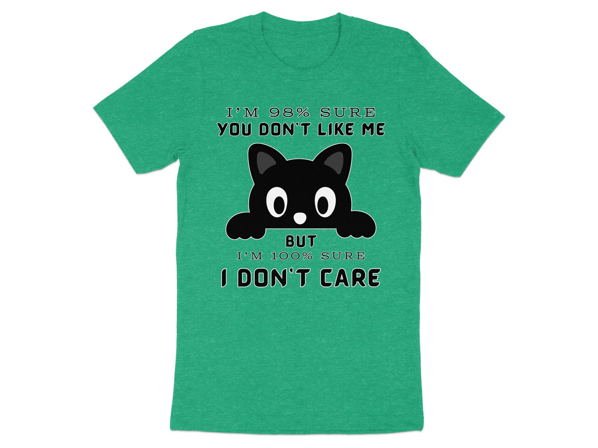 Green t-shirt with black cat graphic and text.