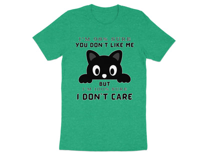 Green t-shirt with black cat graphic and text.