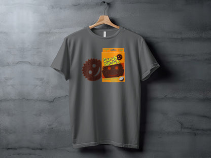 Gray t-shirt with a graphic of a scrub brush and packaging for "Scrub NIGGA CocoMesh Scrubber".
