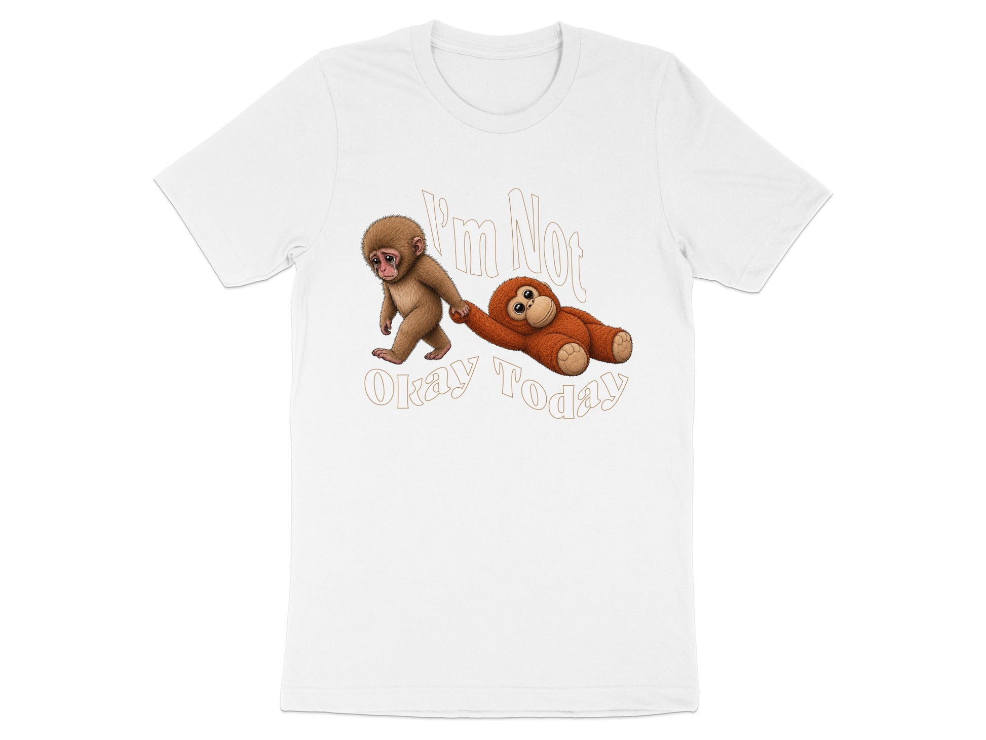 White t-shirt with cartoon monkeys and "I'm Not Okay Today" text.