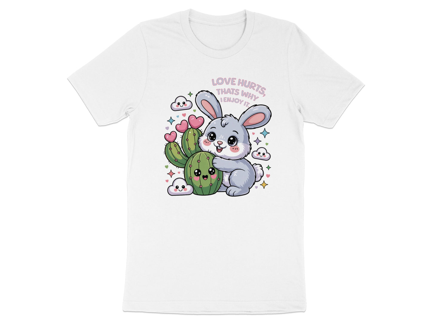Bunny hugging cactus with text "Love hurts, that's why I enjoy it."