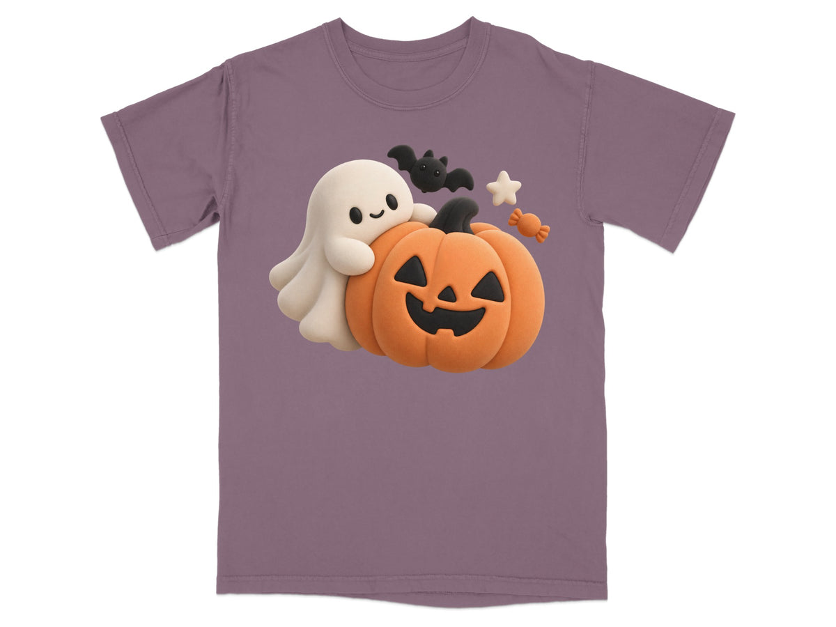 Ghost hugging jack-o'-lantern with bats and candy on purple t-shirt.