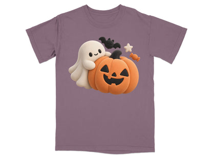 Ghost hugging jack-o'-lantern with bats and candy on purple t-shirt.