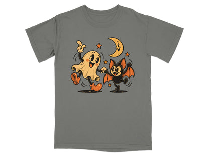 Retro cartoon ghost and bat dancing under a crescent moon.