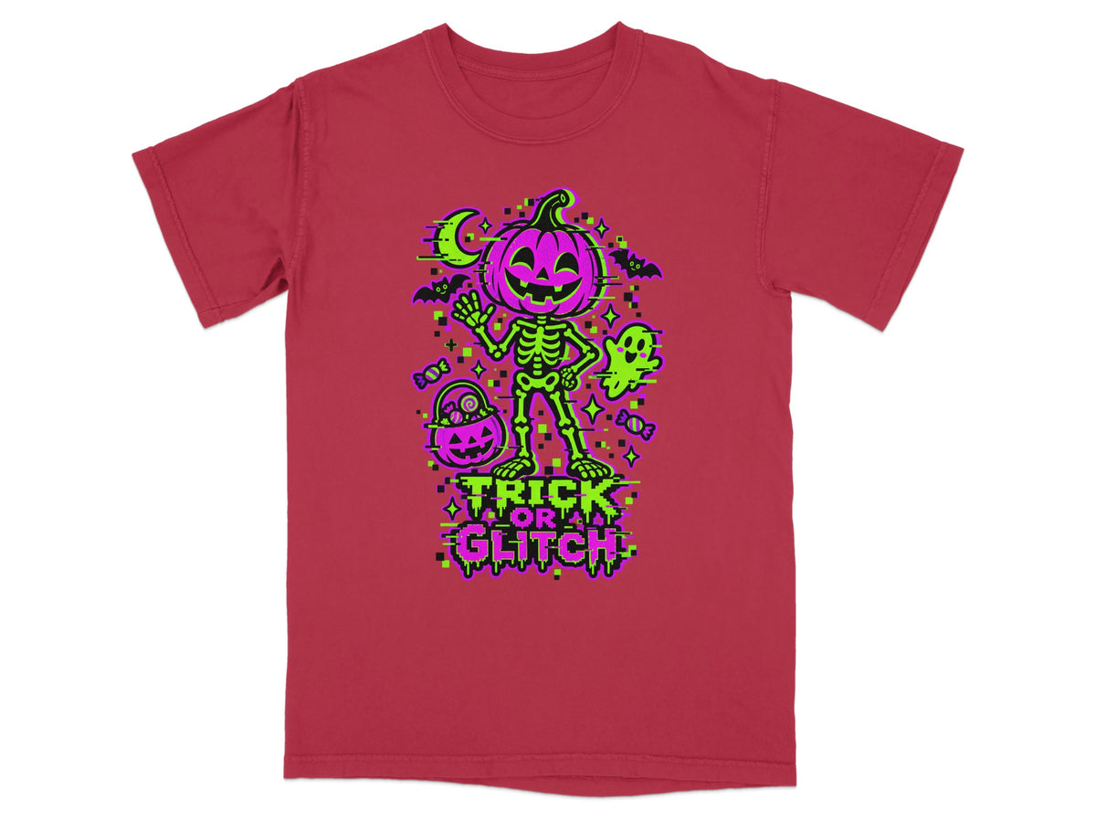 Red t-shirt with pixelated skeleton, pumpkin, ghost, and bats. Text says "Trick or Glitch."