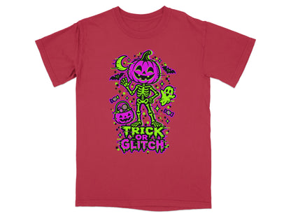 Red t-shirt with pixelated skeleton, pumpkin, ghost, and bats. Text says "Trick or Glitch."
