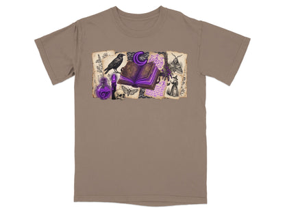 Occult themed illustration with a crow, book, potion, and witch on a tan t-shirt.