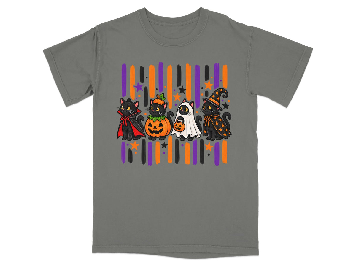 Four cartoon black cats in Halloween costumes stand against a striped background.