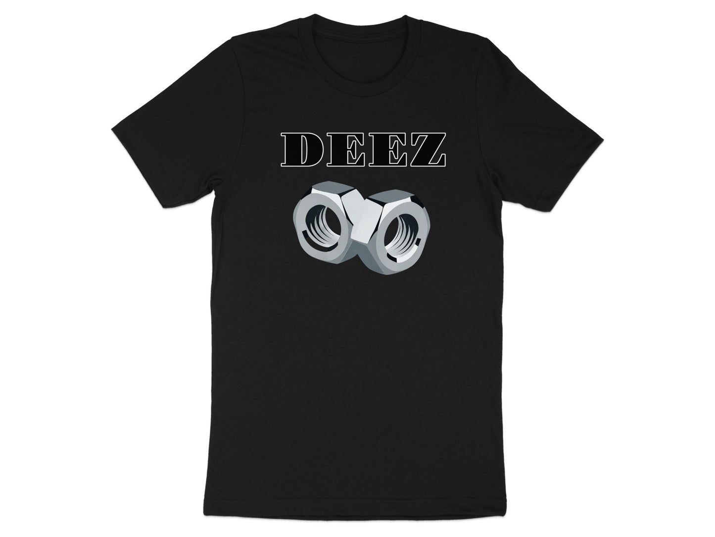 Black t-shirt with "DEEZ" text and two nuts graphic.