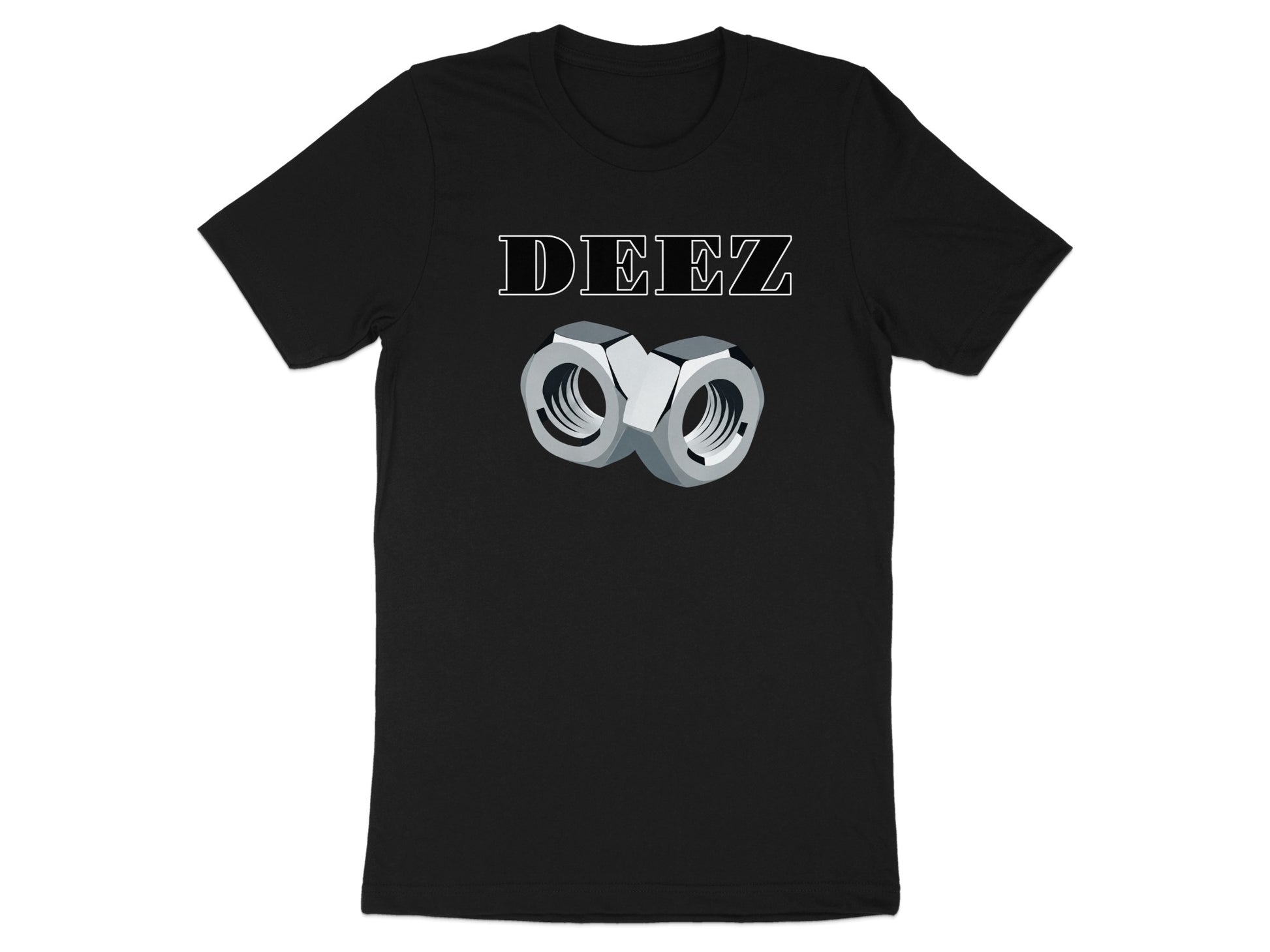 Black t-shirt with "DEEZ" text and two nuts graphic.