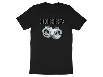Black t-shirt with "DEEZ" text and two nuts graphic.