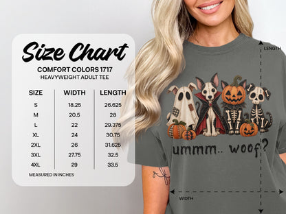 Comfort Colors 1717 size chart with Halloween-themed dogs and pumpkins graphic.