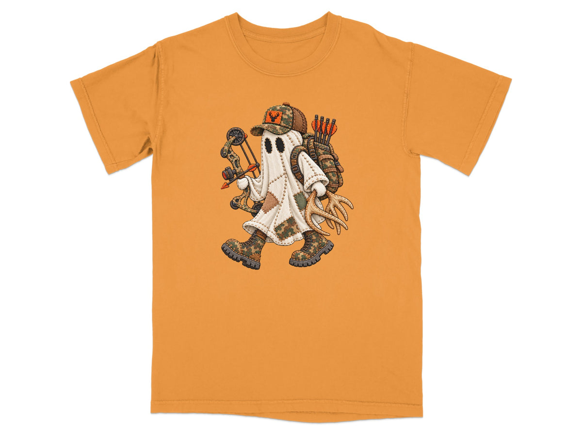 Ghost in hunting gear with bow, arrows, and antlers on orange t-shirt.