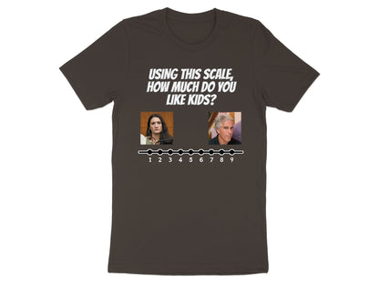 T-shirt with text "Using this scale, how much do you like kids?" and two portraits above a numbered scale.