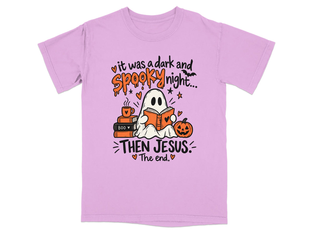 Ghost reading on books with text "It was a dark and spooky night... then Jesus. The end."