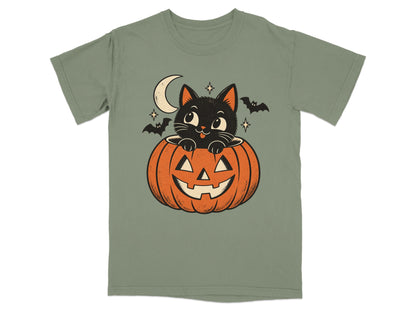 Black cat peeking out of a jack-o'-lantern with bats and moon.
