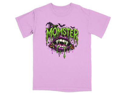 Purple t-shirt with "MOMSTER" text, fangs, witch hat, and Halloween graphics.